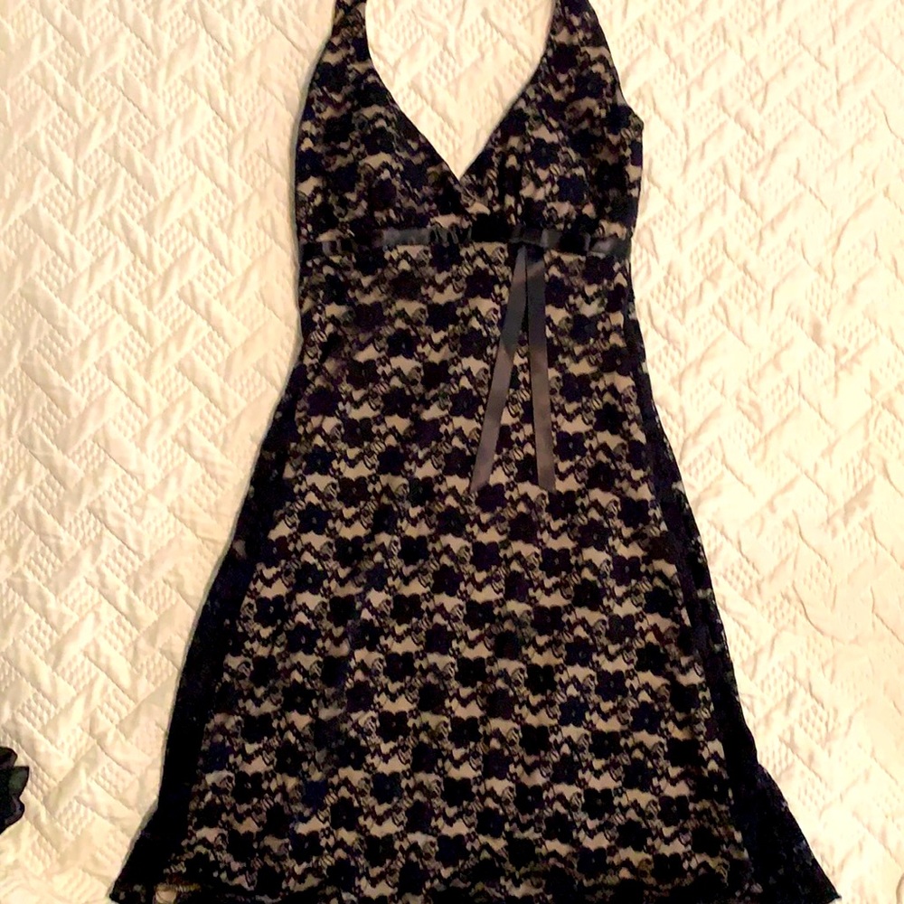 Black lace halter style cocktail dress with tulle bottom